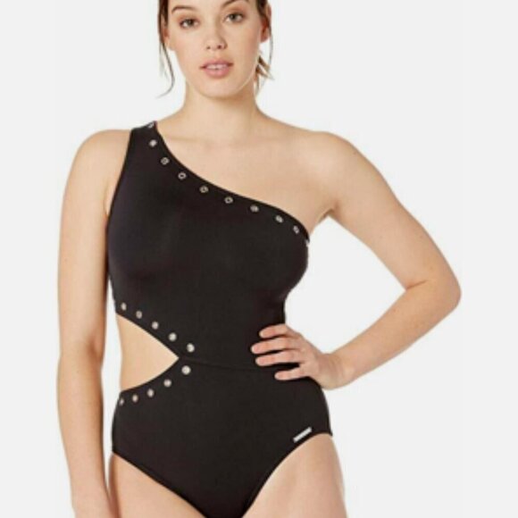 Michael Kors Side Cut Out One Shoulder Black Grommet Swimsuit Grunge Luxe 10 - Picture 7 of 7